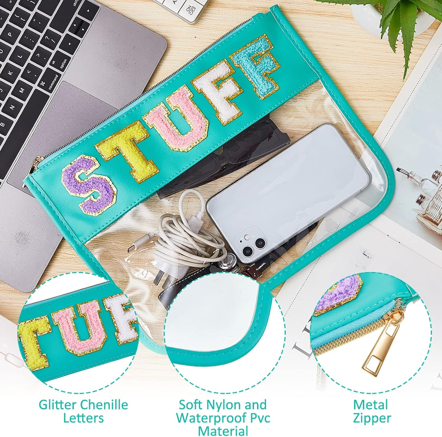 3 Pcs Chenille Letter Clear Zipper Pouch for Travel Waterproof Cosmetic Pouch Clear Snack Bags Nylon Travel Gym Beach Bag Multipurpose Makeup Bag for Women Girl (Soft Color, Travel, Stuff, Snack)