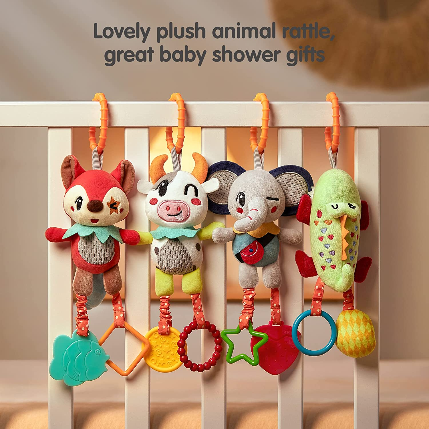 TUMAMA KIDS Baby Soft Hanging Rattle Toys Gift Set Sensory Animals Rattle Toy Car Seat Stroller Cot Pram Activity 0, 3, 6, 9, 12 Months Newborn Toddler Birthday Gifts(4 Pack) image number 3