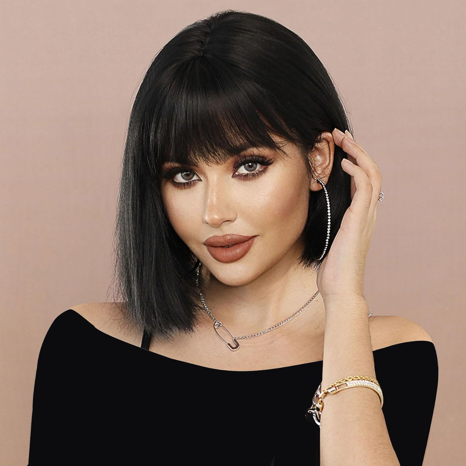 Women'S Straight Black Bob Wig with Bangs, Short Bangs, Natural Wig Heat Resistant Synthetic Black Wig (Black)
