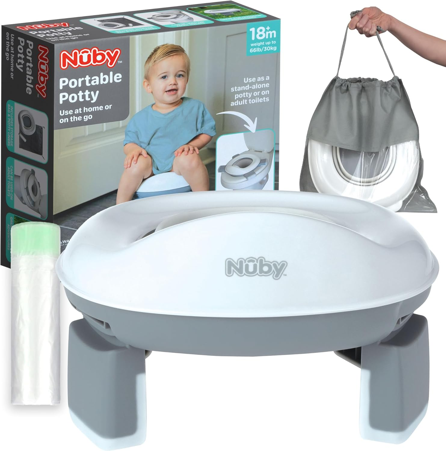 Nuby On-The-Go Portable Potty Seat - Travel Toilet Seat for Boys and Girls 18+ Months - Includes Storage Bag and Disposable Potty Liners - Toddler Travel Essentials - Toddler Potty Training Toilet