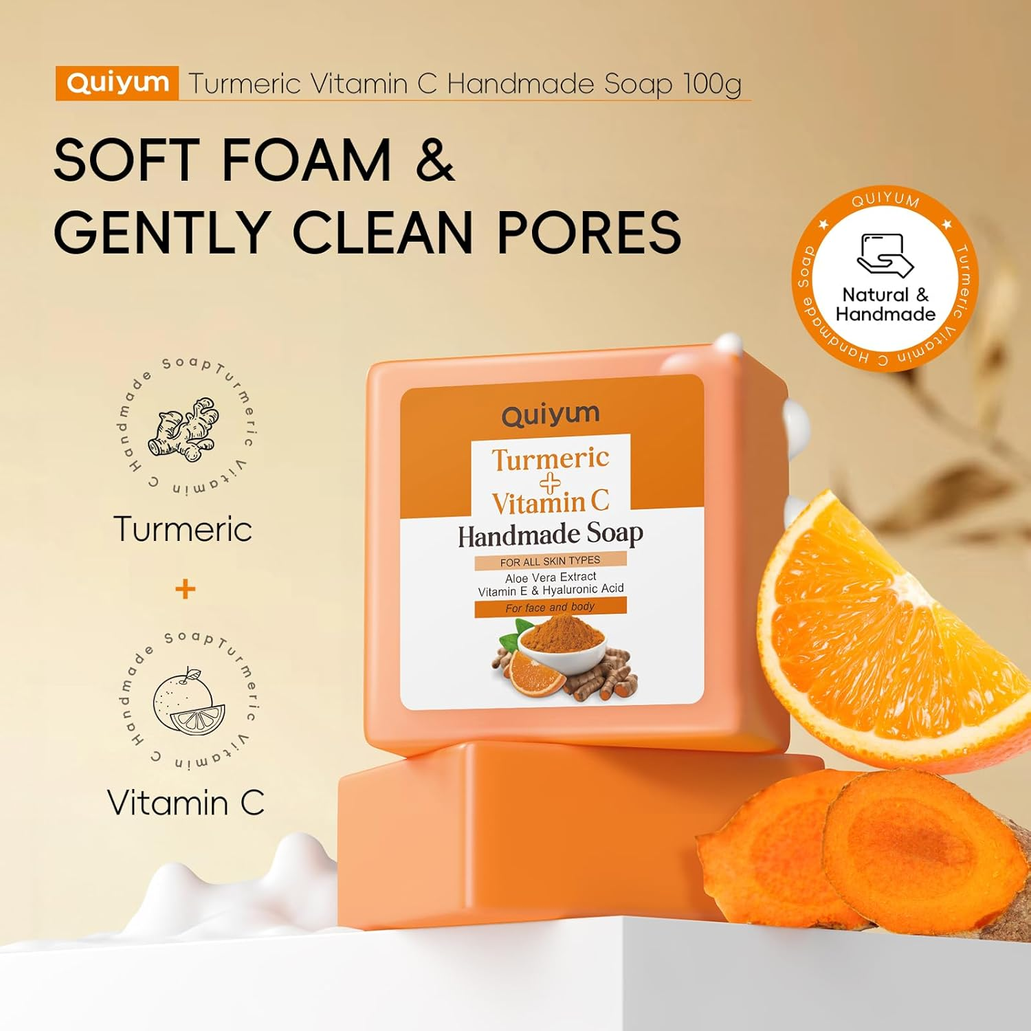 Quiyum Turmeric & Vitamin C Soap Bar (3X120G), Face & Body Cleanser with Aloe Vera, Vitamin E, Collagen & Hyaluronic Acid for Even Skin Tone, Dark Spot, Acne & Smooth Skin, with a Foaming Net image number 1