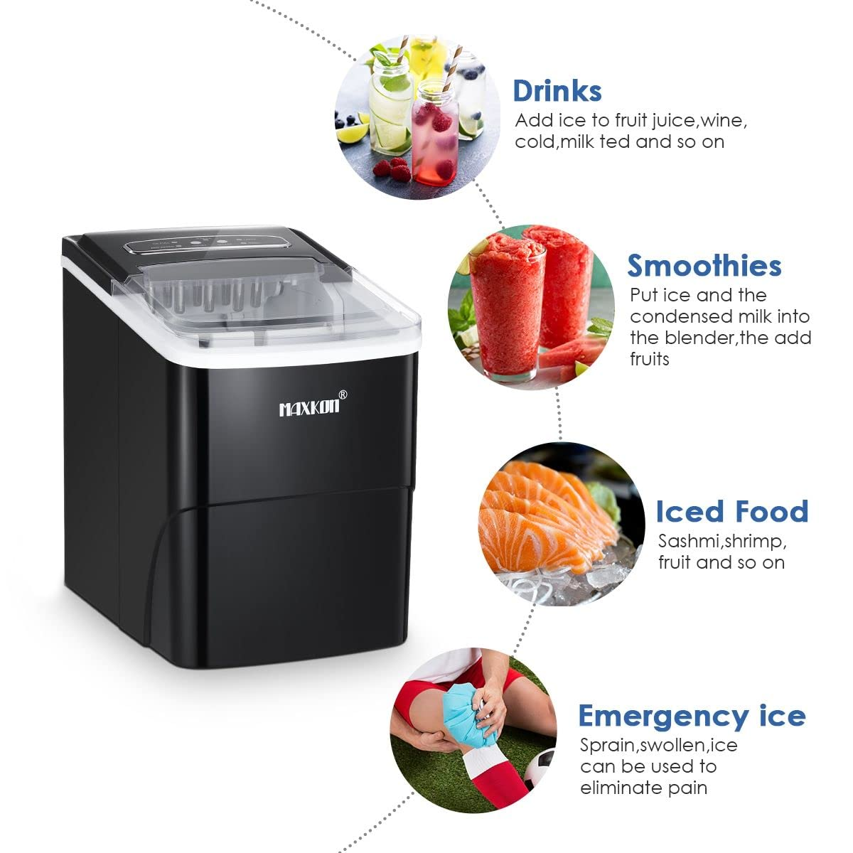 Maxkon Portable Ice Maker Countertop - 9 Cubes in 6 Mins, 12Kgs in 24Hrs, Self-Cleaning Machine with Scoop and Basket, 2 Sizes of Bullet Ice for Home, Kitchen, Office, Bar, Party image number 1
