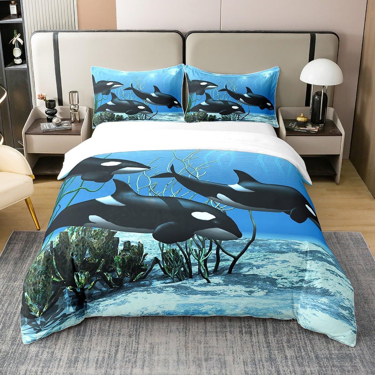 Pure Cotton Killer Whale Bed Linen Sets Orcinus Orcas Comfort Cover the Underwater World Jellyfish Duvet Cover Set for Children Girls Deep Sea Animals Sea Life Quilt Cover Children'S Room Decor 135 X