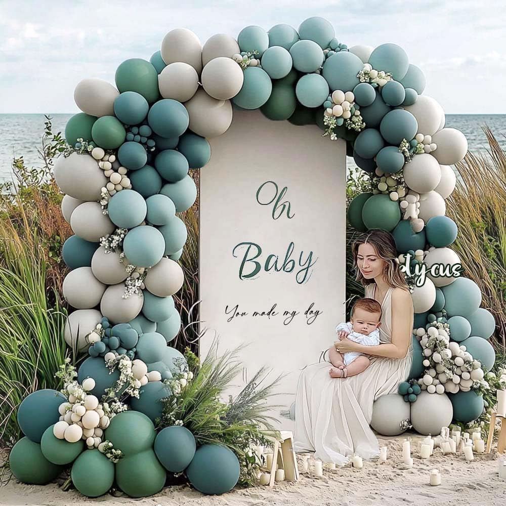 Partycus Dusty Blue and Green Balloon Garland - Double Stuffed Sage Green Teal White Matte Balloons Olive Slate Blue Boho Arch Kit for Baby Shower Neutral Birthday Bridal Party Decoration Medium - Brown,Green image number 6