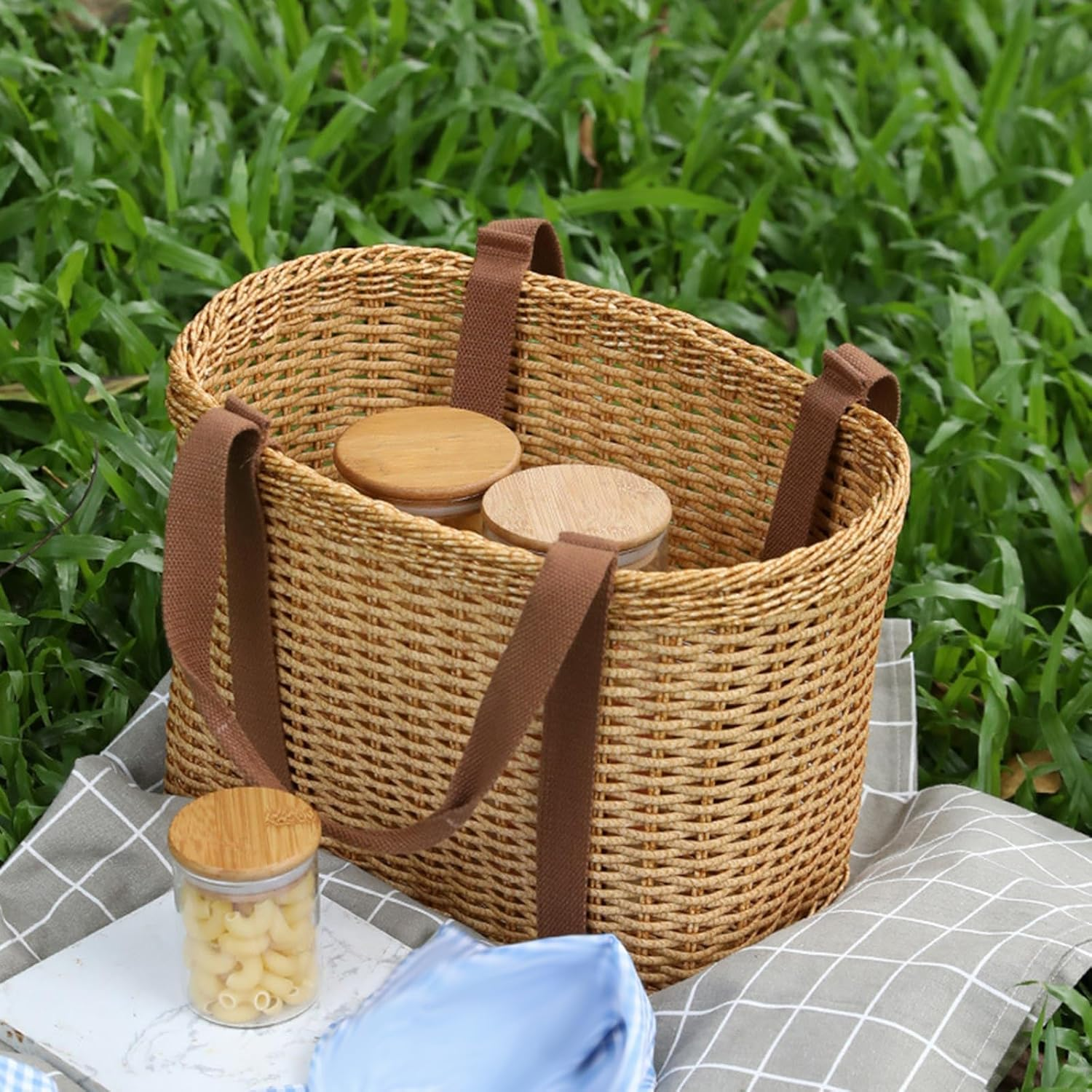 Fonowx Hand Woven Wicker Basket with Handle Flower Basket Functional Simple Storage Basket Shopping Basket Bag for Shopping Camping Daily Necessities Outdoor Picnics, Large - Small image number 2