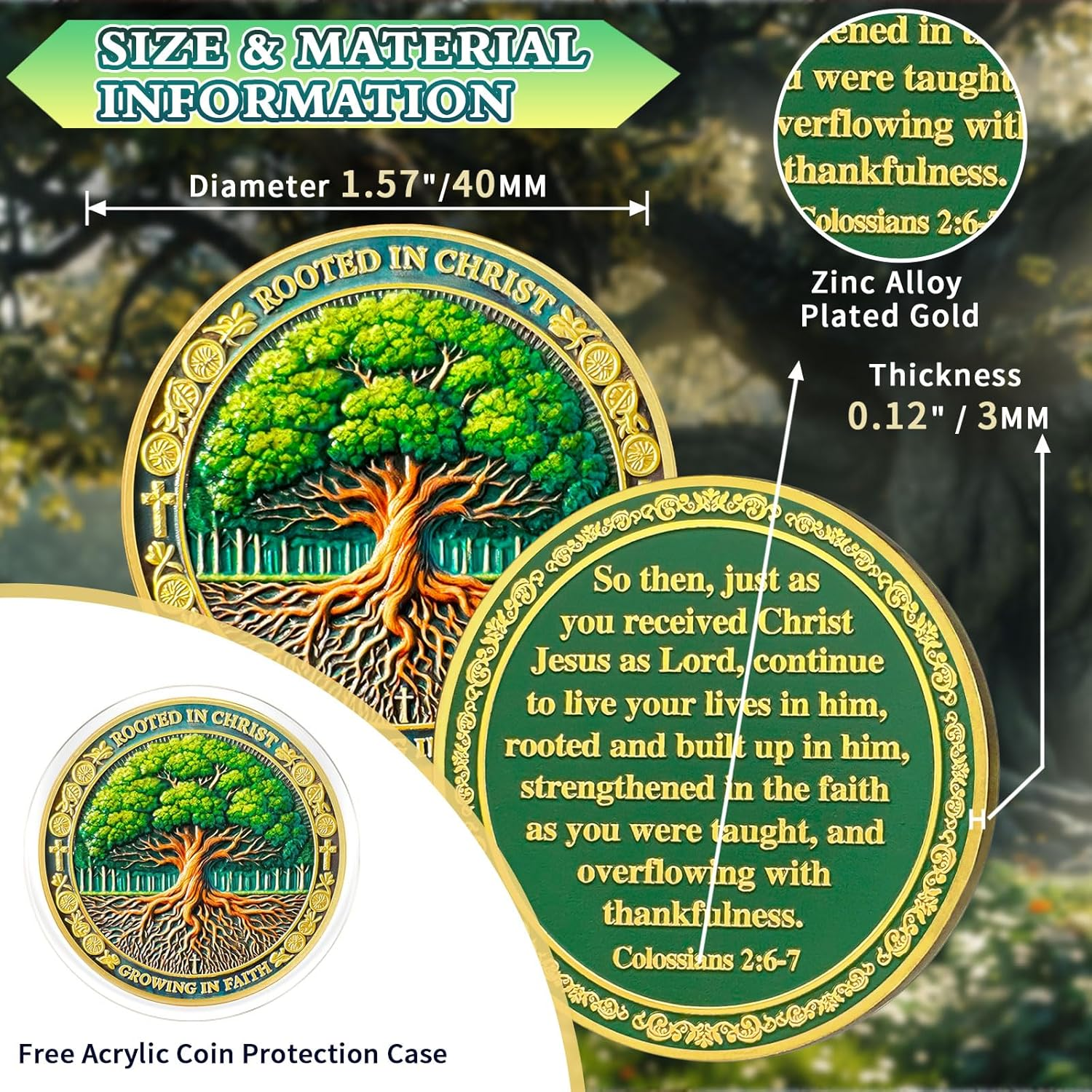Growing in Faith Christian Challenge Coins Rooted in Christ Jesus Bible Coin Colossians 2:6-7 Jesus God Christian Prayer Token Art Pocket Bible Verses Jesus Religious Gifts for Men & Women