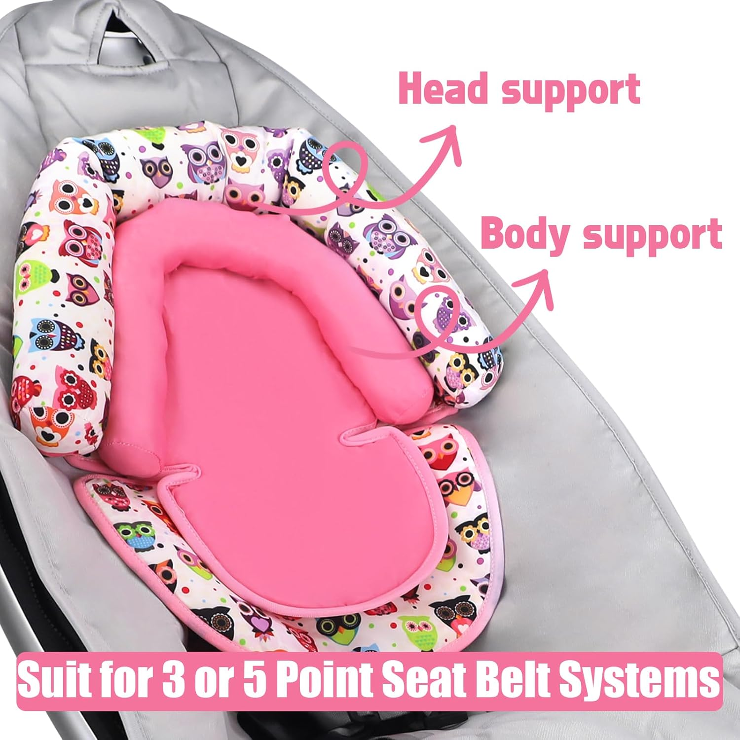 KAKIBLIN Car Seat Head Support Infant, Dinosaur Infant Car Seat Insert, 2-In-1 Reversible Baby Car Seat Head and Body Support, Soft Baby Car Seat Cushion for Newborn