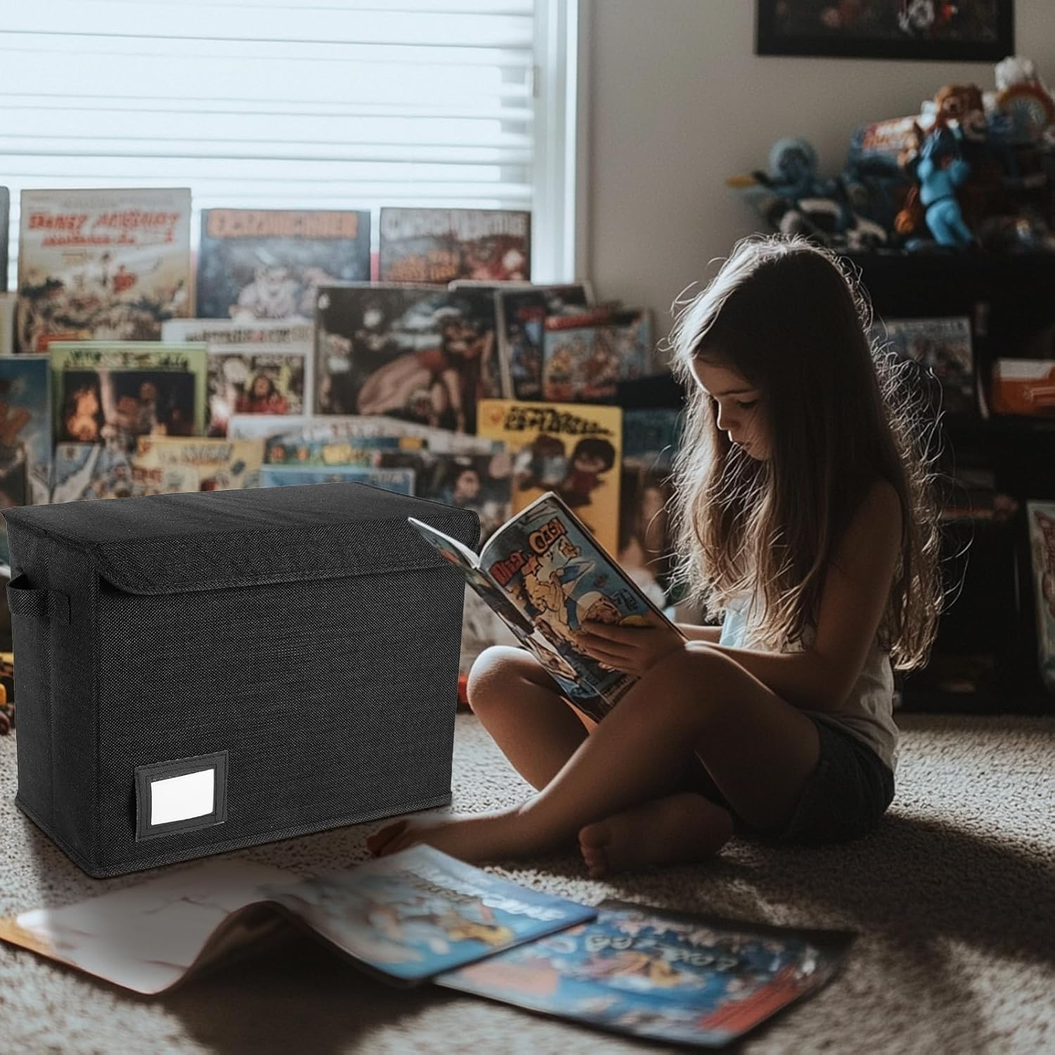 Comic Book Storage Box, Collapsible Comic Book Box, Washable Integrated Comic Book Bin, Foldable Comic Short Box Holds 150-180 Comics, Comic Book Bin Container for Home Office (Black) - Black image number 3