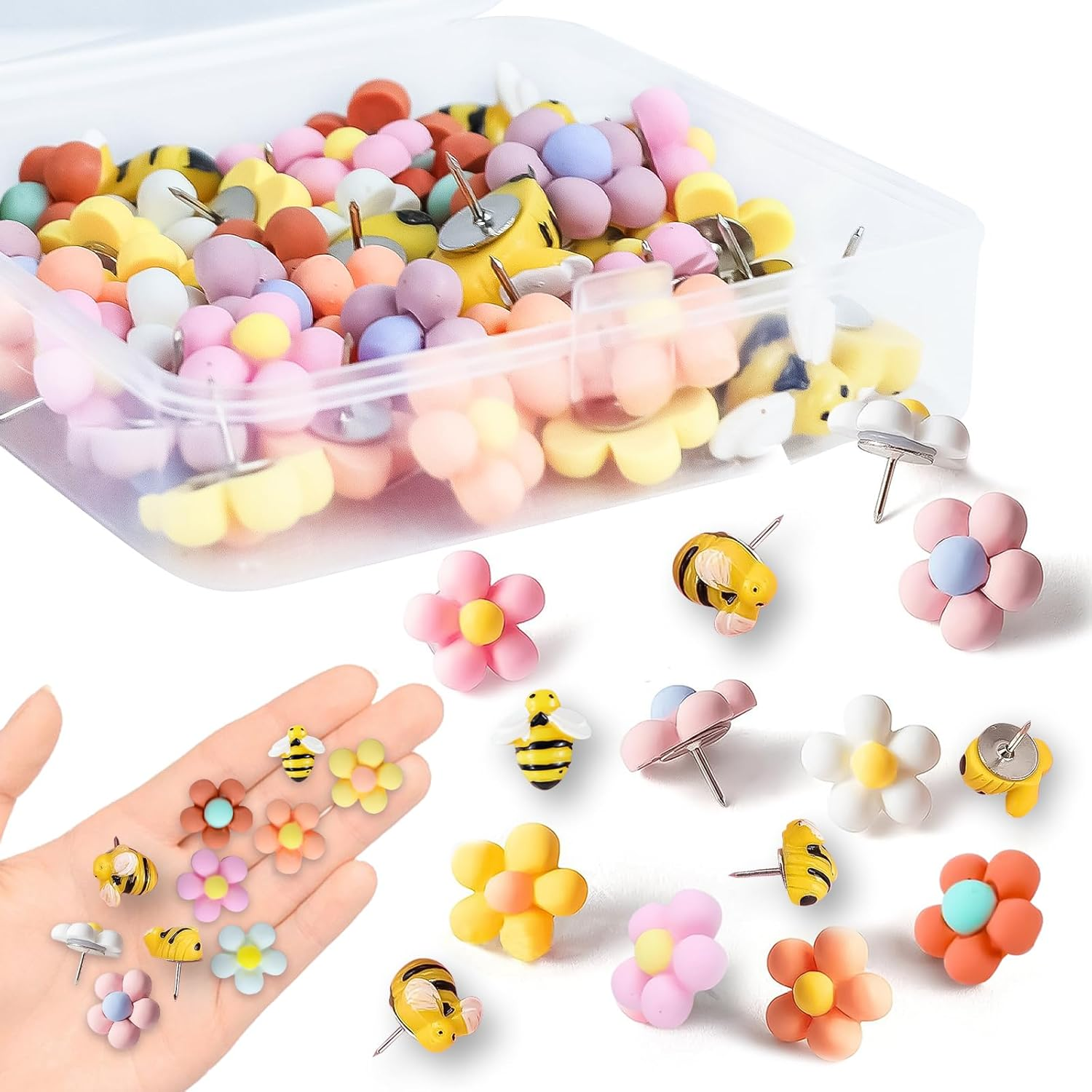 46Pcs Flower Drawing Pins for Pinboard, Bee Push Cute Pin Board Pins with Storage Box, Thumbtacks Reusable Pushpins Pins for Cork Board, School, Office Map, Photo Wall Use image number 2