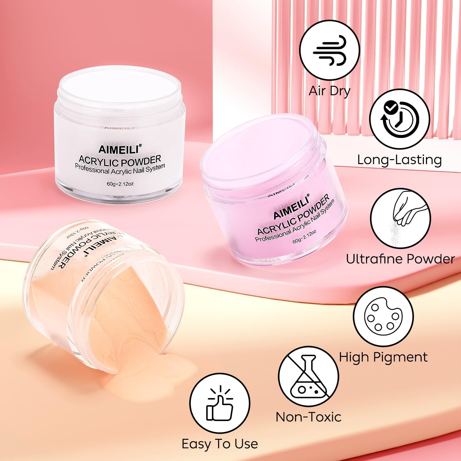 AIMEILI Acrylic Nail Powder 60G Pink Acrylic Powder for Acrylic Nail Art 3D Nail Carving French Nail Extension image number 5