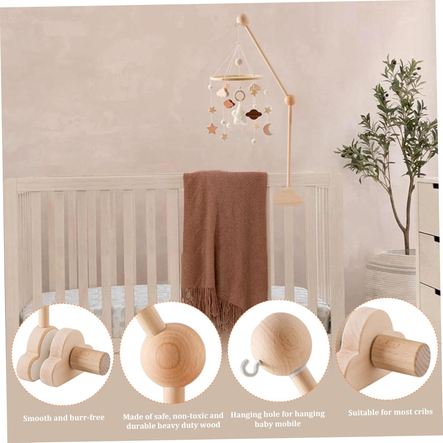 Cot Mobile Arm 69Cm Wooden Cloud Design Detachable Baby Mobile Hanger Height Adjustable Cute Crib Mobile Arm for Home Baby Bed Bell Wind Chimes image number 2