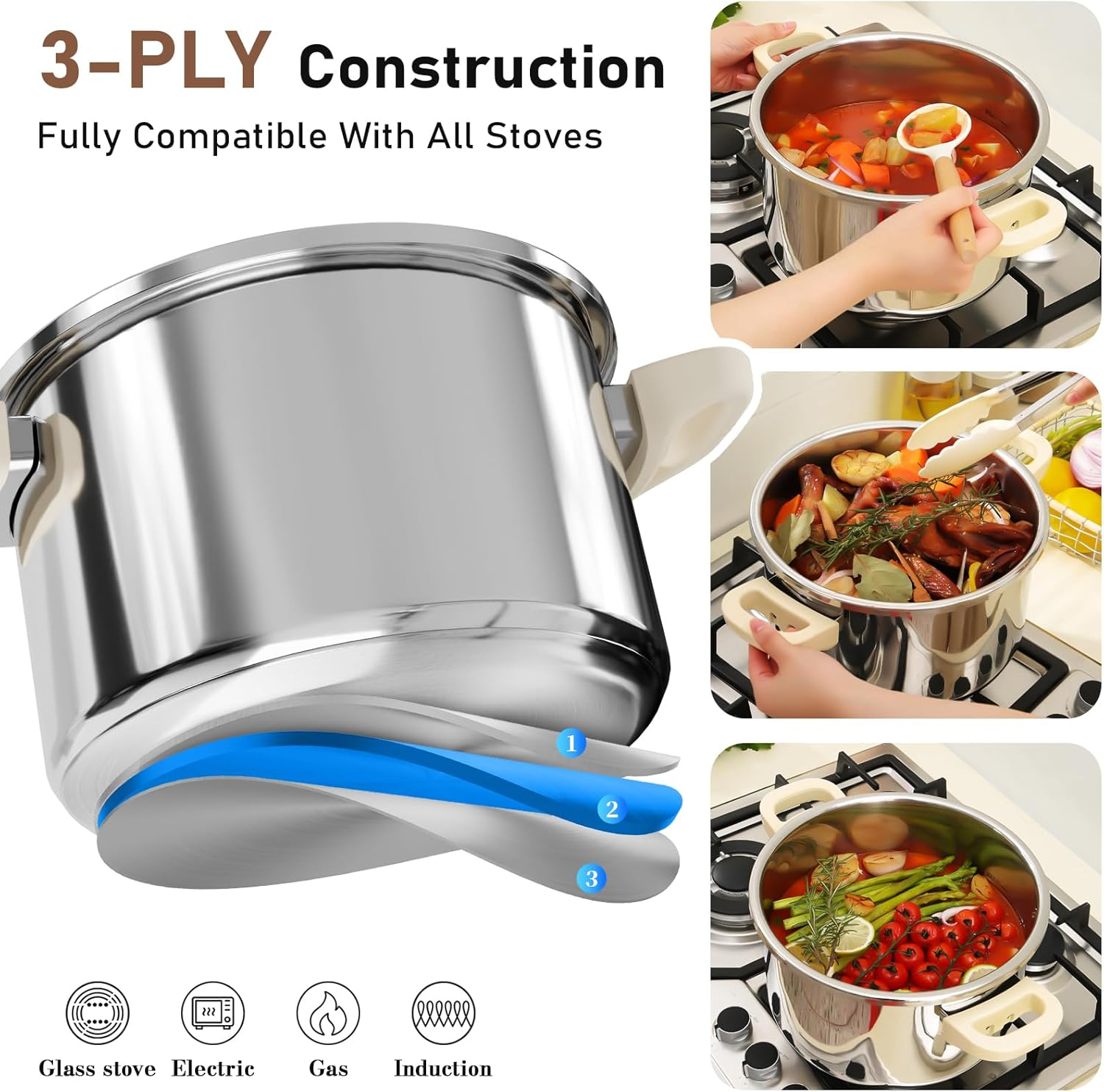 7L Stainless Steel Pressure Cooker,10 Pcs Olla De Presion Set, Cooking Pressure Cooker with 3 Psl Settings Release Valve & Multiple Protective Devices, Compatible with Induction and Gas Stovetops