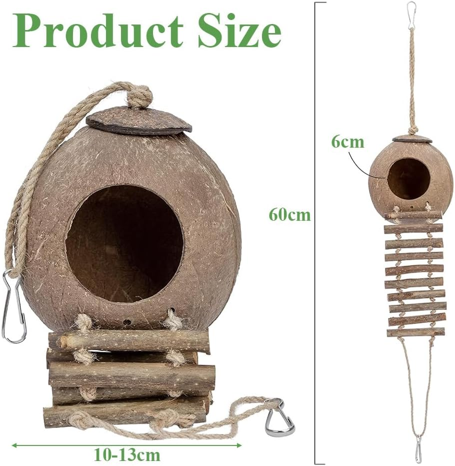 Natural Coconut Shell Bird Nest, Coconut Shell Nest Bed, Bird Breeding Nests, Hanging Birdhouse with Shrub Stairs, Suitable for Most Birds Species image number 3