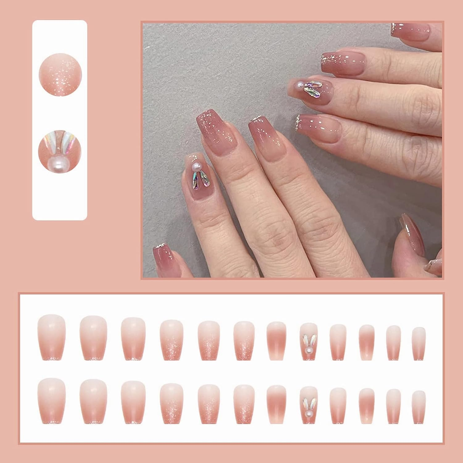 RYUUSEI Cute Bunny Square Press on Nails, Fake Nail Rabbit Fake Nails with Glue Short Coffin Nails Full Cover False Nail Tips Stick on Nails Lovely Gift Girls Nail Art Decoration Pink for Women Kid image number 3