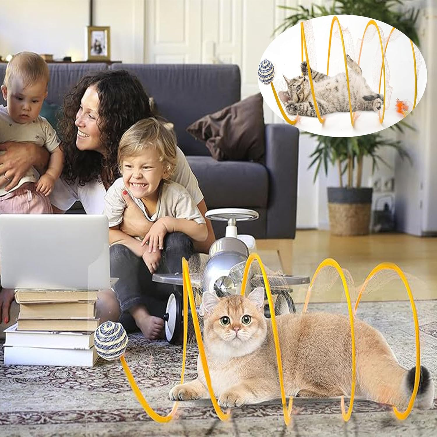 1 Pack Folded Cat Tunnel and Cat Balls Toy with Feathers,Cat Toys Tunnels for Indoor Cats,Cat Toys Bouncy Balls for Indoor Interactive Cats Soft Kitten Toys image number 5