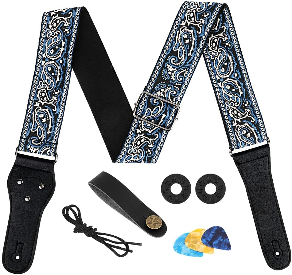 AUTOWT Guitar Strap, Vintage Embroidered Cotton Guitar Straps with Genuine Leather Ends for Bass Electric & Acoustic Guitars with Strap Locks Headstock Buttoned Tie Headstock Lace Tie 3 Guitar Picks