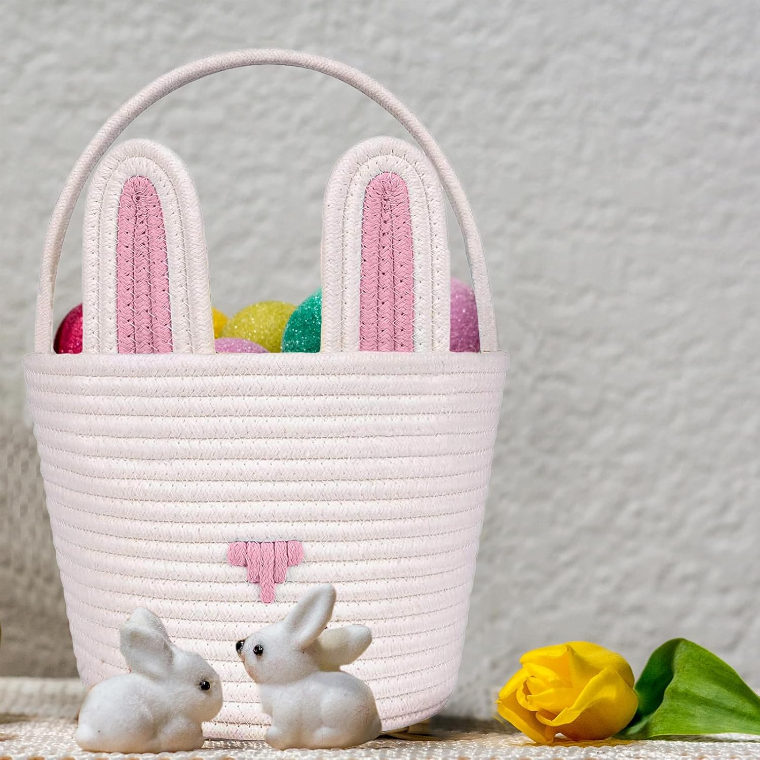 Poschnor Easter Basket for Gifts, Empty Cotton Bunny Basket Bin with Handles, Baby Toy Storage Organizer, Pink/White