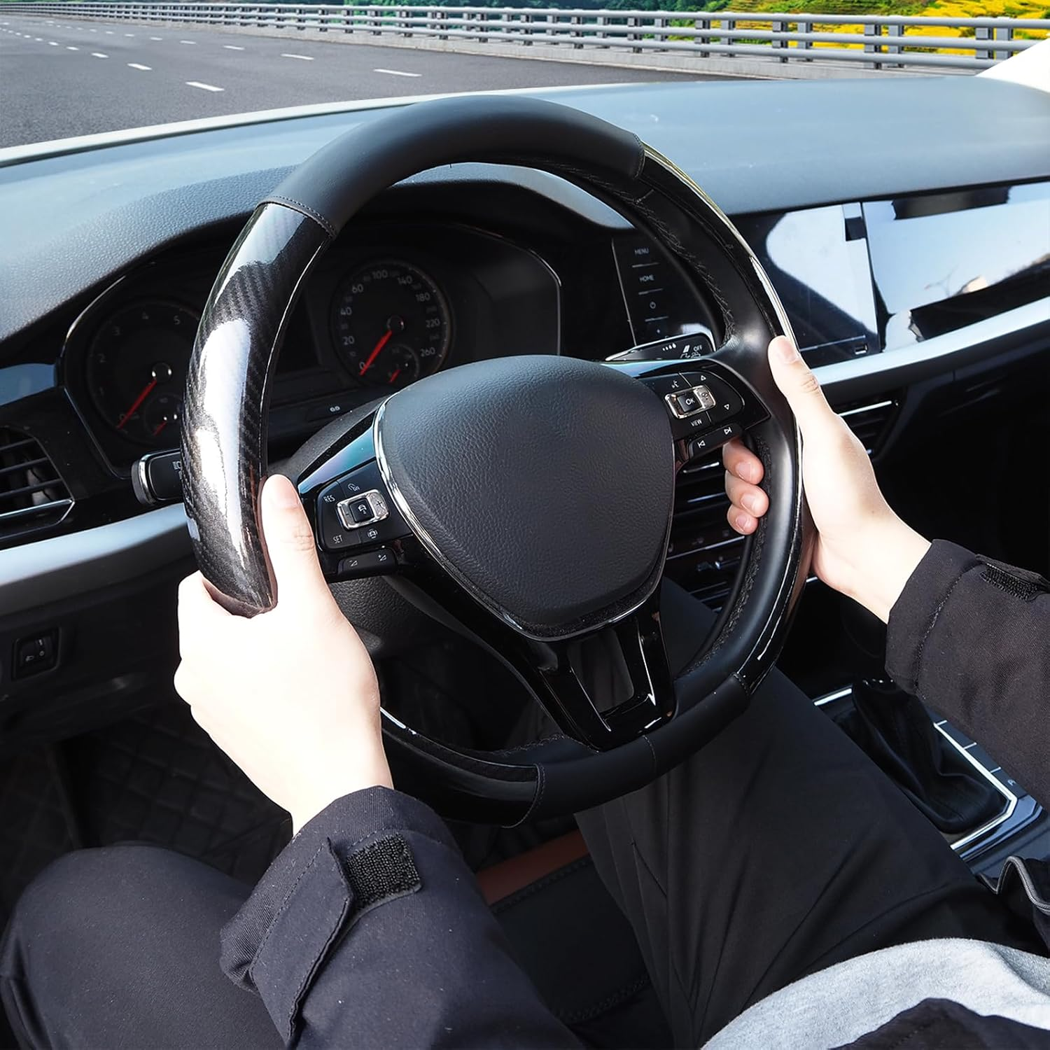 Nappa Leather Car Steering Wheel Cover, anti Slip, Thin, Breathable, Odor-Free, Universal 14.5-15 Inches Fit, Car Steering Wheel Cover Full Surround Aeecssories (Black C-Nappa Leather) image number 6