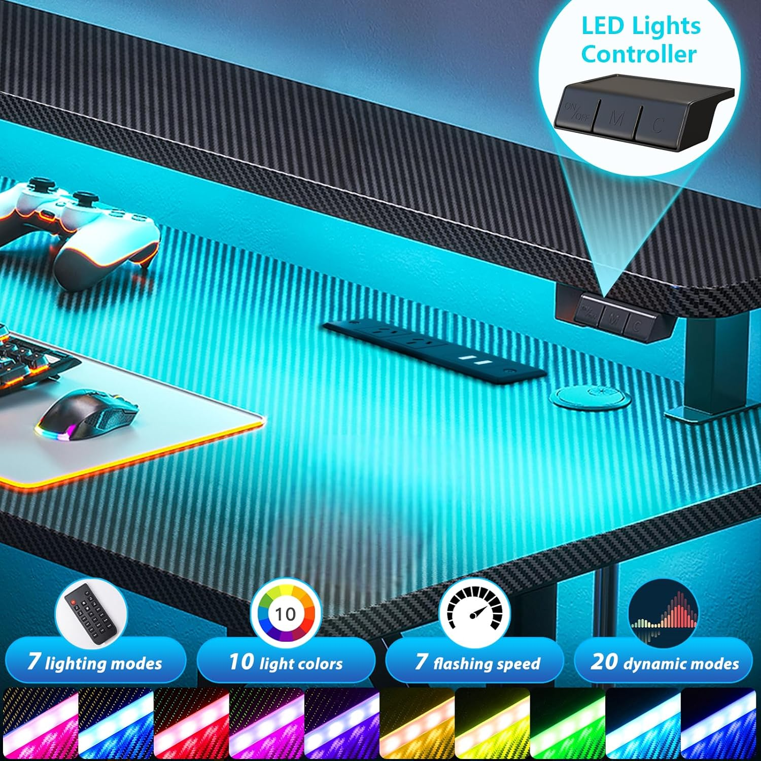 ODK Gaming Desk with LED Lights & Power Outlets,10 Color Adjustable,Gaming Table with Monitor Shelf, Gomputer Desk, Computer Table, 80 * 50 * 88Cm, Black image number 6