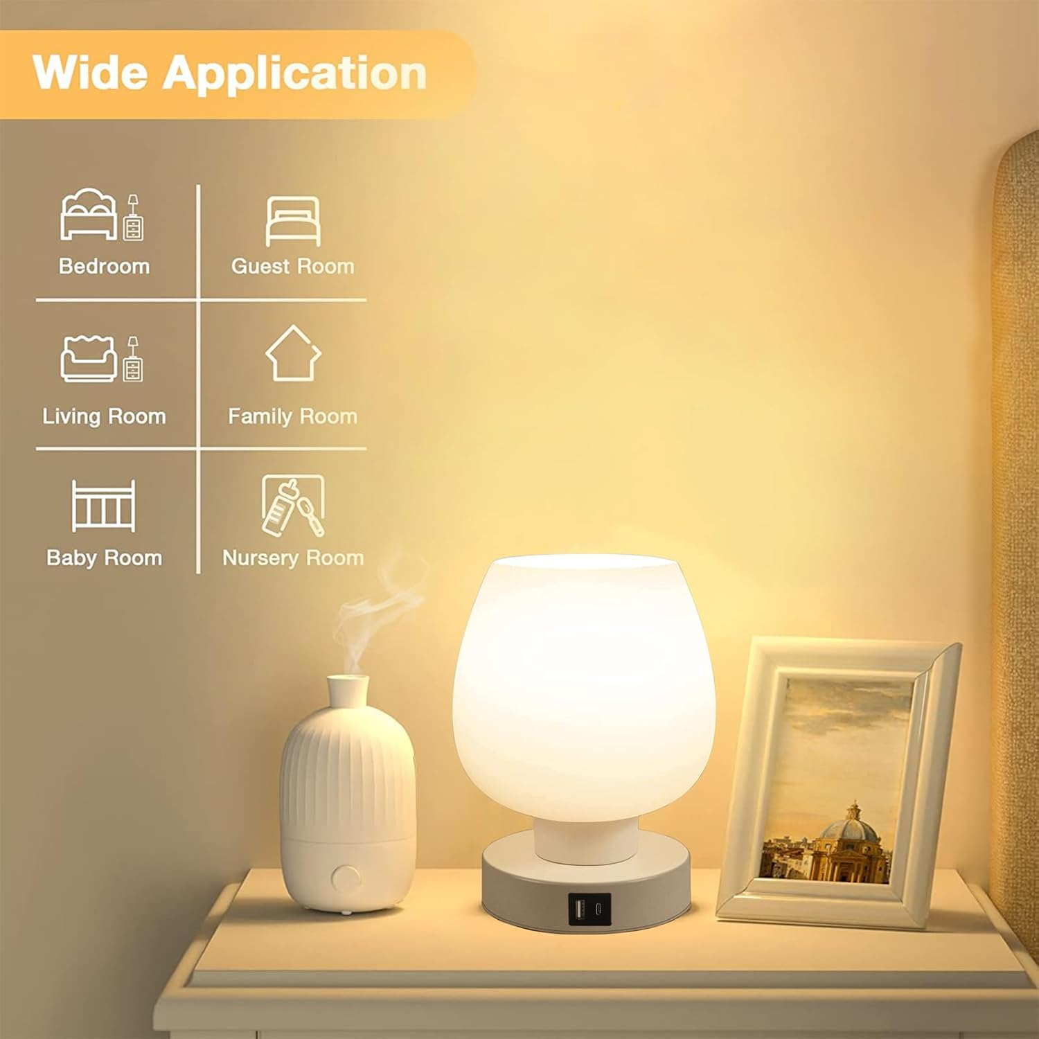 Touch Bedside Table Lamp with 2 USB Charging Ports, 3 Way Dimmable Bedside Lamp with White Opal Glass Lamp Shade, Touch Table Lamp for Bedroom Nightstand, Living Room, Dorm, Home Office image number 4