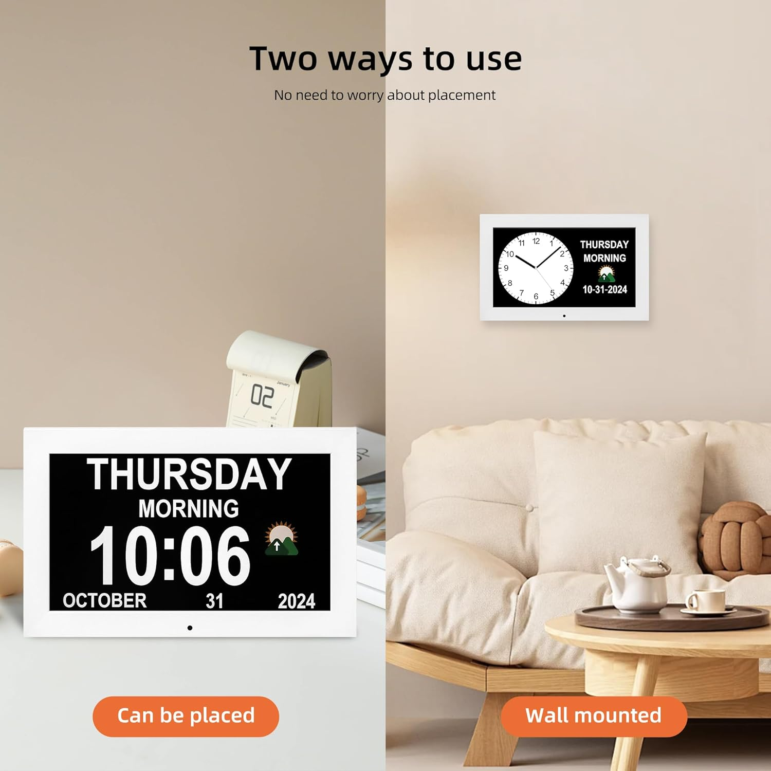 Memwake 10.1 Inches Large Digital Clock，3 Display Modes, Wall Clock with Time and Date, Dementia Clock That Provides Digital Alarms and Digital Calendar for Seniors and Alzheimer'S Patients.(White) image number 3