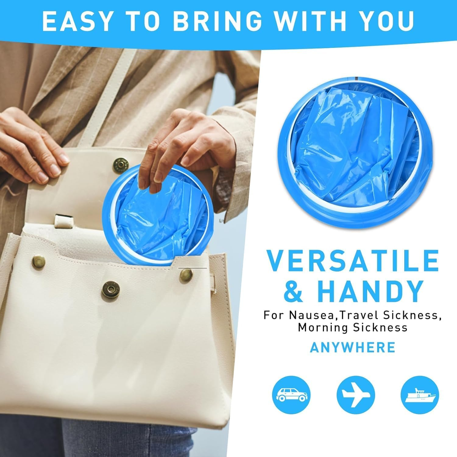 10 Pack Blue Emesis Bag, 1000 Ml Vomit Bag for Morning Sickness, Portable Nausea Bags for Pregnant Women, Leak Resistant Design for Car and Travel