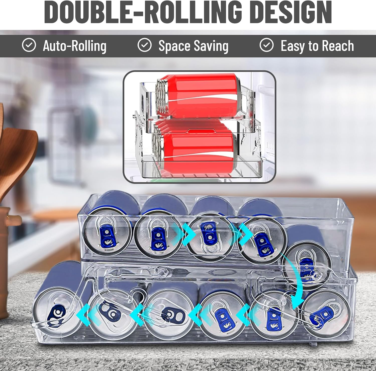 Can Rolling Dispenser, Can Holder, 2-Tier Fridge Organiser, Drink Dispenser, Beer Storage, Soda Drink Storage, Beverage Dispenser, for Fridge Kitchen Home Freezer Pantry Countertop Cabinets image number 5