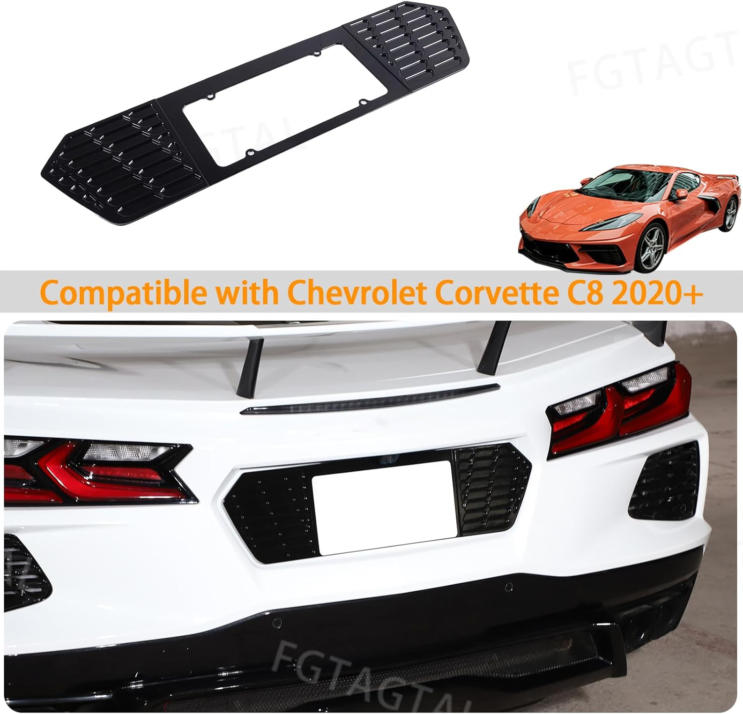 Rear License Frame Compatible with Chevrolet Corvette C8 2020-2025, Aluminum License Plate Frame Grill Vent Insert, License Plate Trim Base Accessories (Bright Black) - Black image number 2