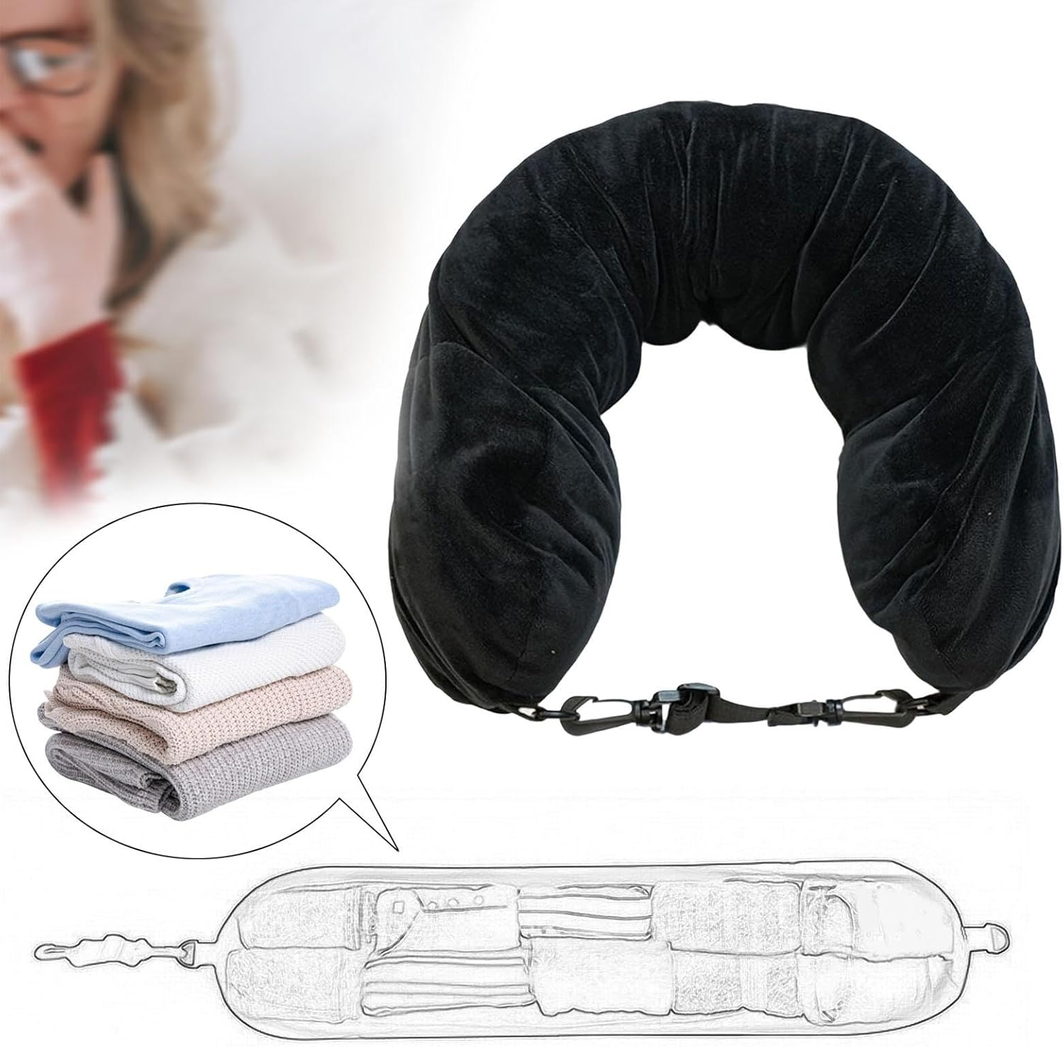 Baotyjie Travel Neck Pillow Stuffable Neck Pillow Case Cover,Carry on Luggage Soft, Fillable Travel Pillow, Storage Bag, Black - Black image number 6