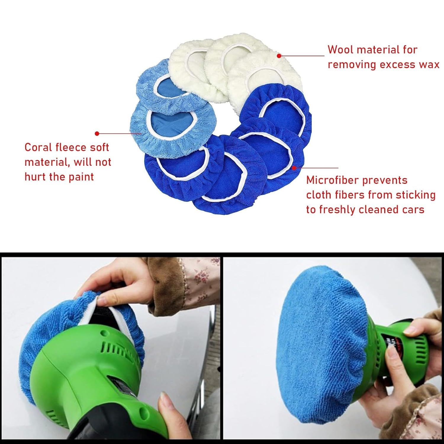 LIUKCHGE 9PCS Car Polisher Pad, 7 to 8 Inches Car Orbital Microfiber Bonnet Polishing Buffing Pad Cover, Universal Auto Cleaning Waxers Kit- 4 Microfiber, 3 Coral Fleece, 2 Woolen (7-8 Inches) image number 3