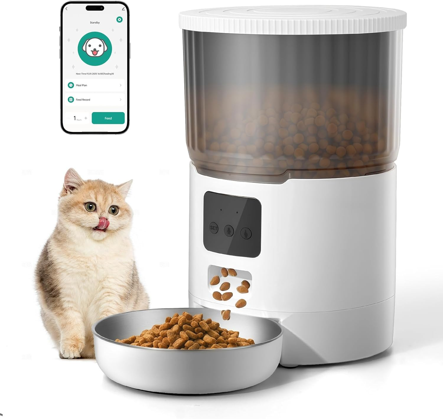 Mukkela Wifi Automatic Cat Feeder, 4L Timed Cat Dry Food Dispenser with 10S Voice Recorder, APP Control, Auto Pet Feeder up to 10 Meals per Day for Cats, Dogs, Dual Power Supply (White) image number 3