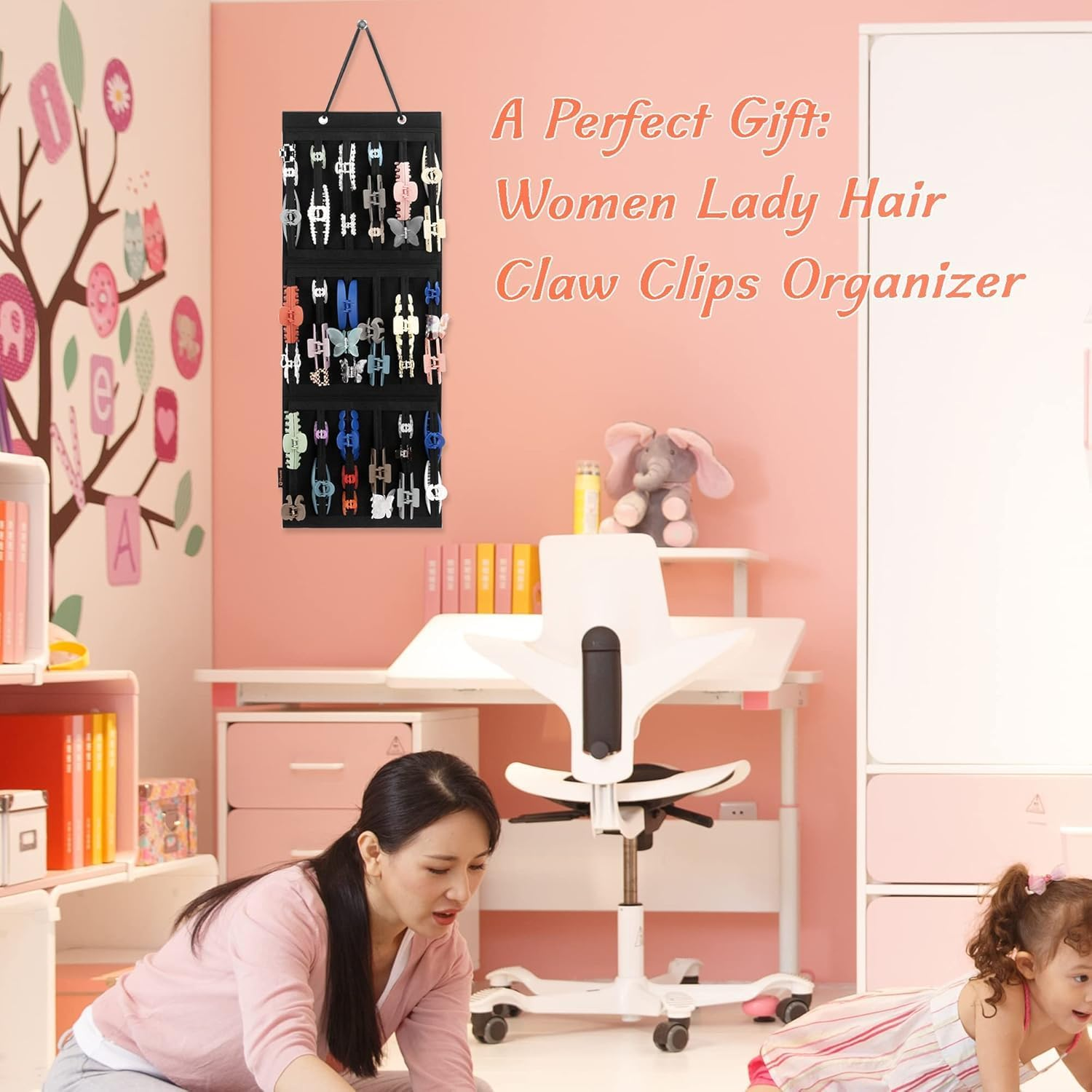 Hanging Hair Claw Clips Holder for Women, Claw Clips Storage Organizer for Lady, Hair Banana Barrettes and Butterfly Jaw Display Stand Holder (Pink, 104 * 35CM) image number 3