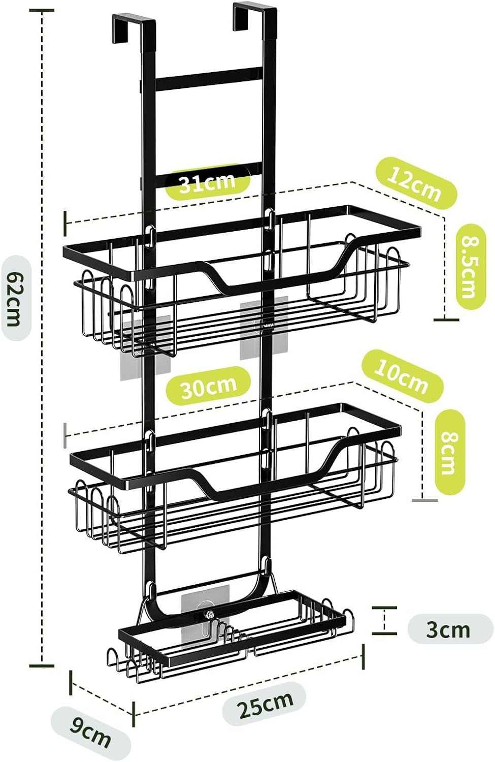 Black over Door Shower Caddy - 3-Tier Space-Saving Organiser for Bathroom/Laundry/Kitchen Storage, Rustproof & No Drilling Required - Hanging Shower Shelf for Home & Rental-Friendly image number 1