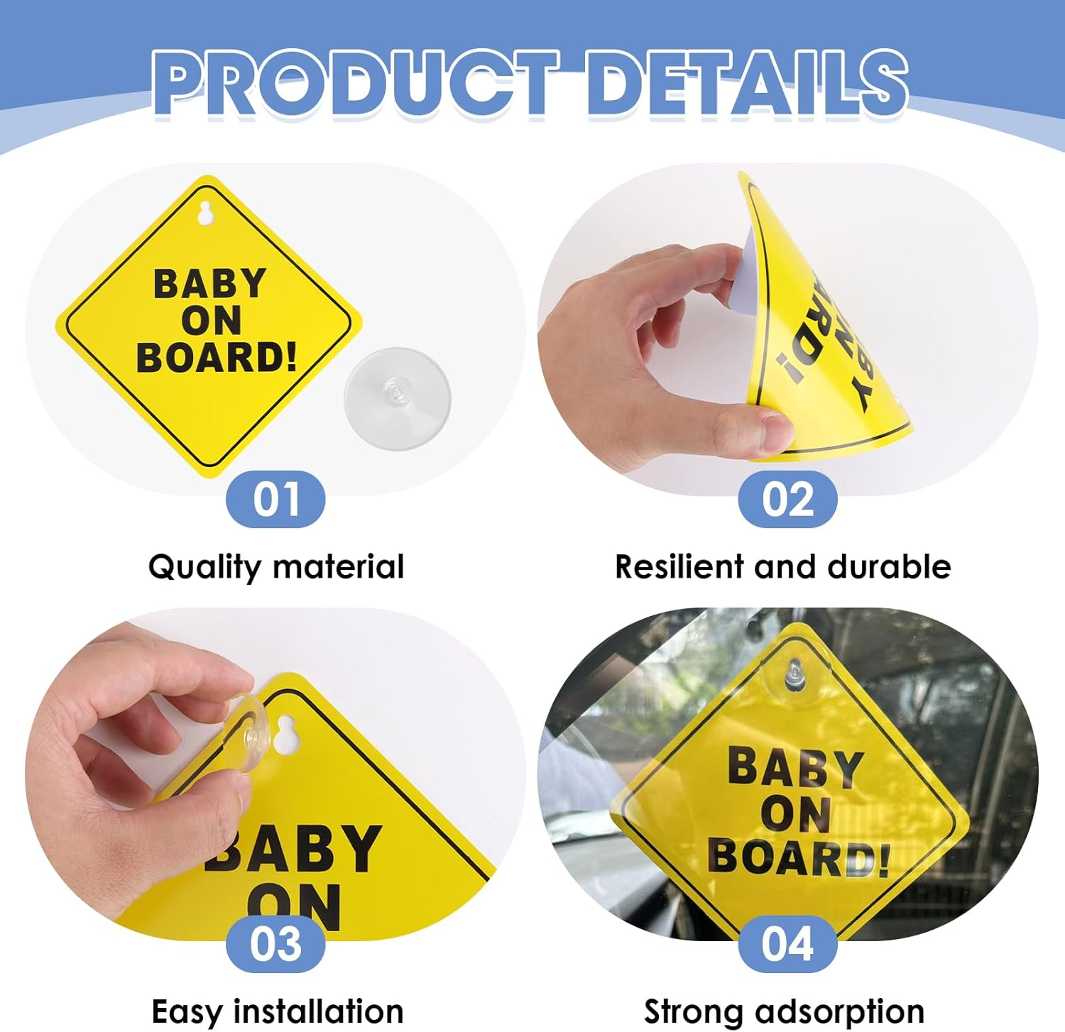 Baby on Board Car Stickers - 2Pc Reusable Safety Decals with Strong Suction Cups - 5"X5" High-Visibility Car Signs - Weatherproof & Removable for Child Safety (Yellow) image number 6