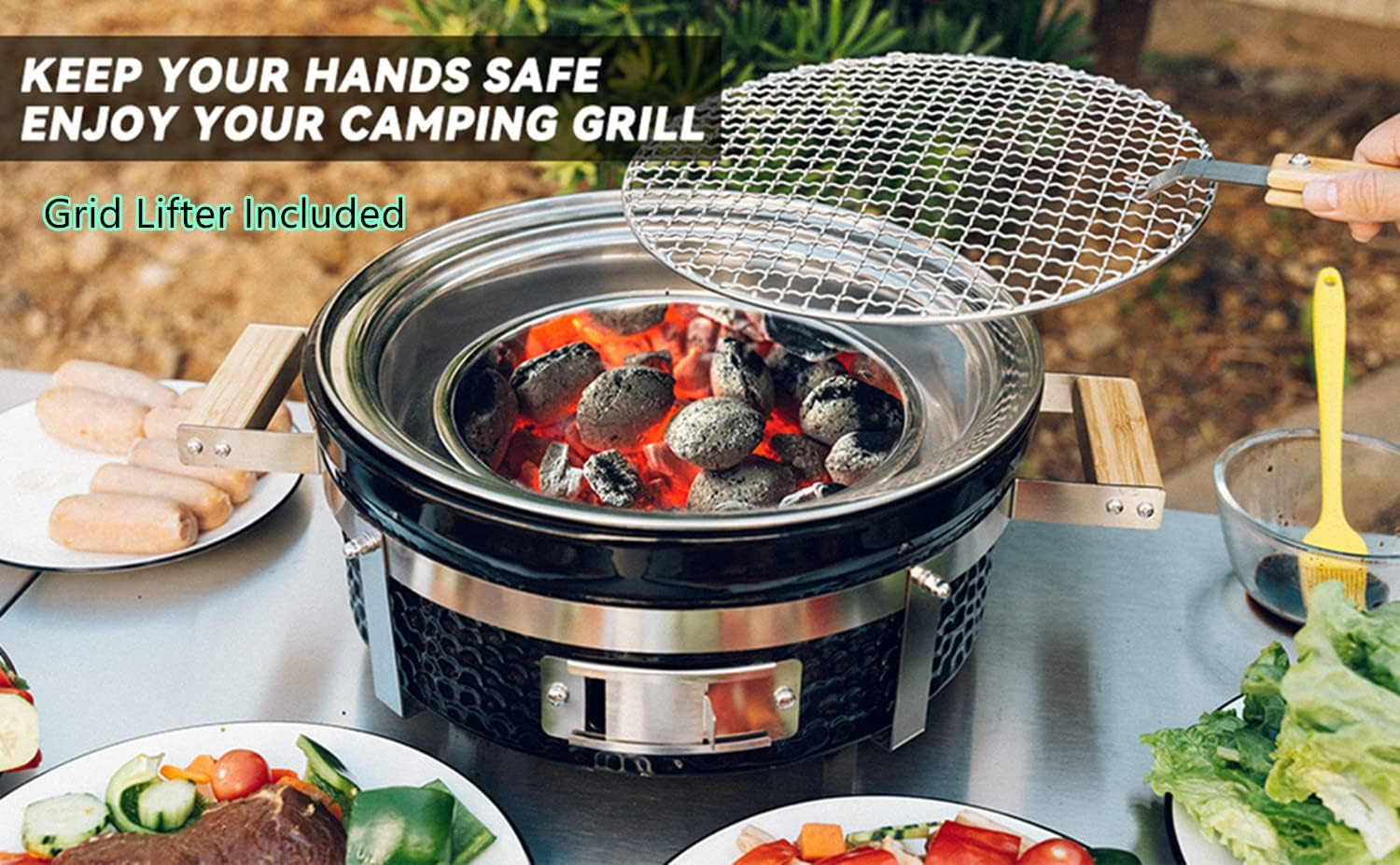 Onlyfire Ceramic Hibachi Charcoal Grill with Grid Lifter, 14" Portable BBQ Yakitori Grill with Stainless Steel Grate for Outdoor Patio Backyard Barbecue Cooking, GS305 image number 2