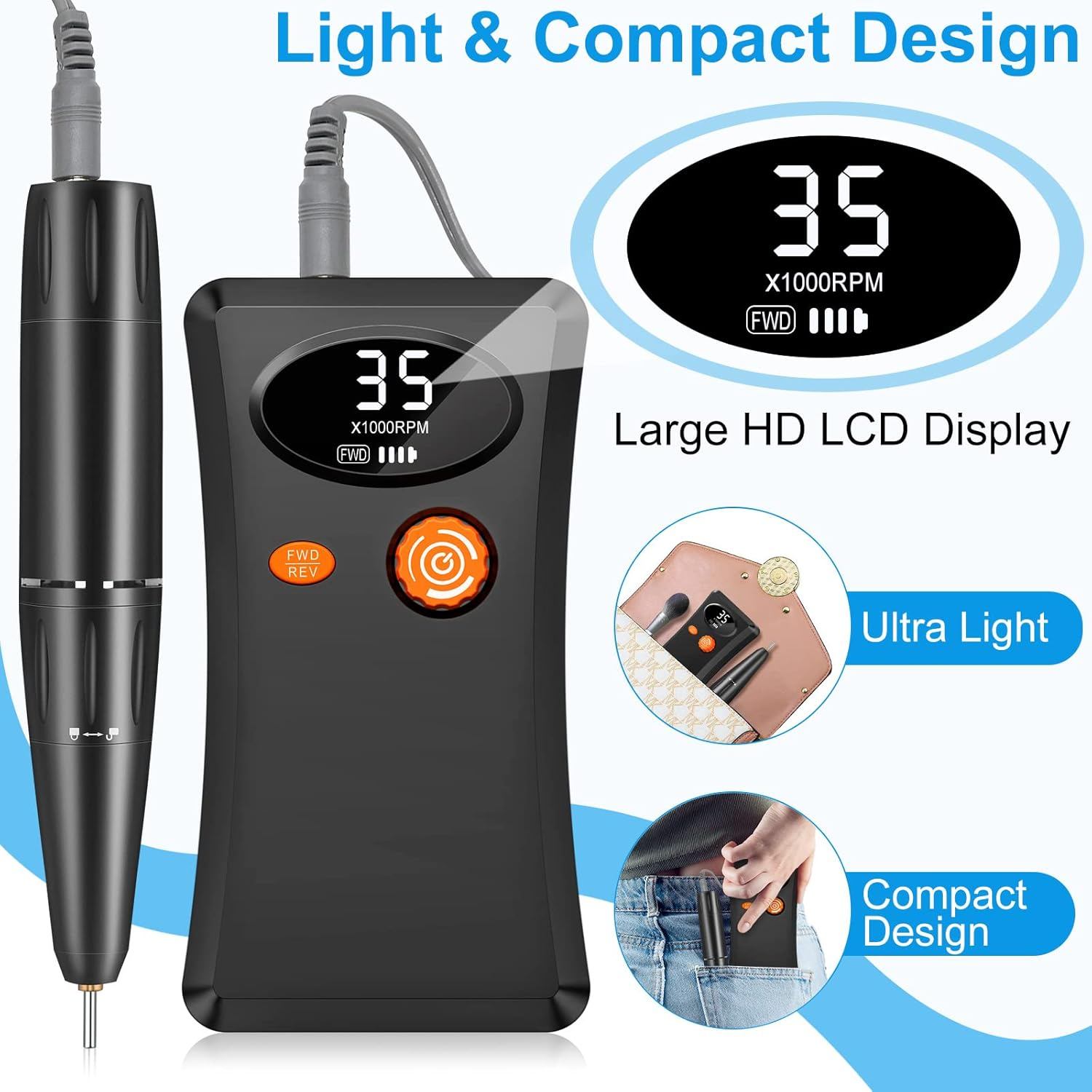 Electric Nail Drill, 35000RPM Professional Nail Drill Machine, Portable Rechargeable File Machine Set for Acrylic Gel Nails, Manicure Pedicure Tools for Home and Salon Use(Black) image number 6