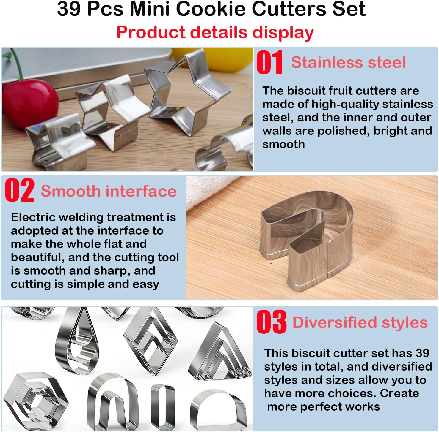 Taicols 39 Pcs Mini Cookie Cutters Set, Stainless Steel Mini Geometric Shaped Cookie Biscuit Cutter Set, Heart Star Flower Hexagon Diamond Shapes, Polymer Clay Cutters for Kids, Biscuit Fruit Cutter