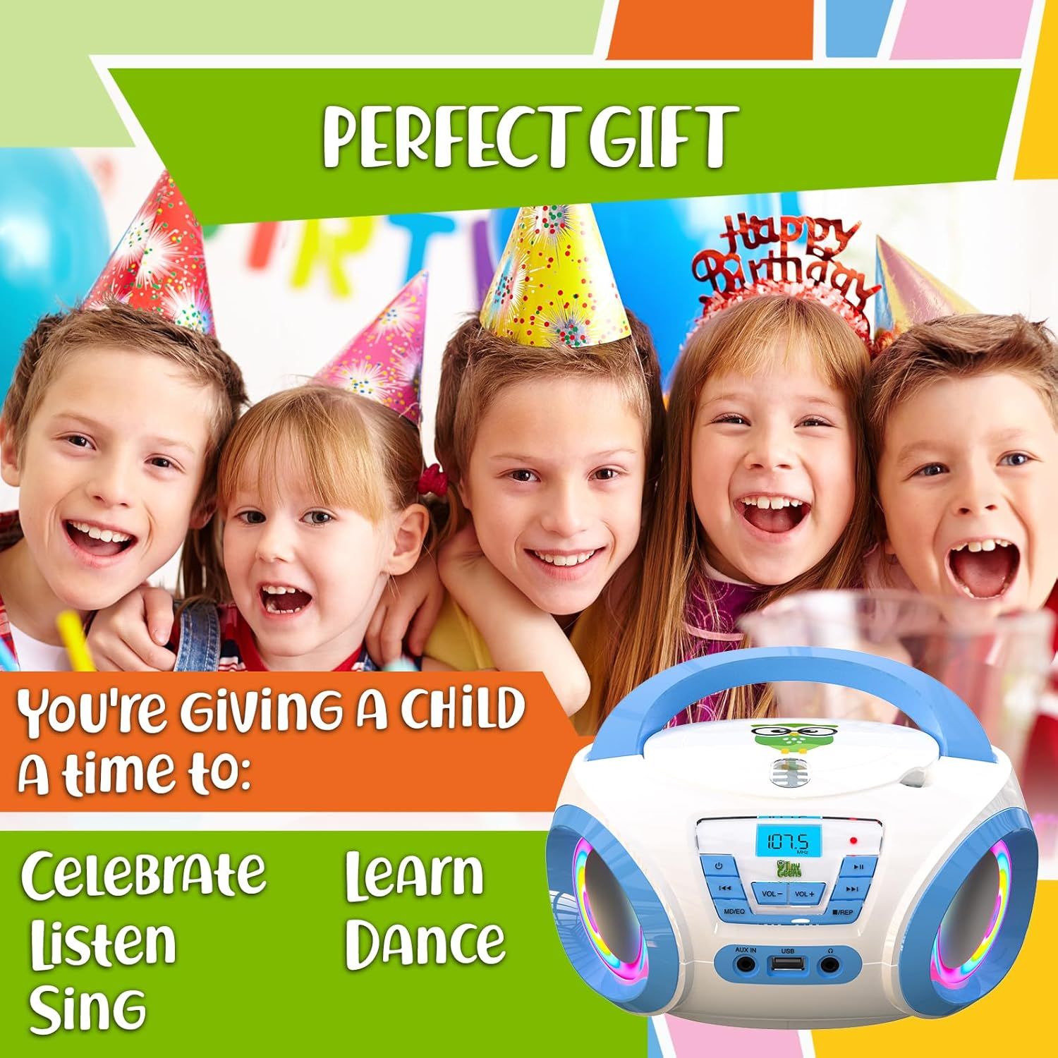 Tunes Kids Boombox CD Player for Kids - New - FM Radio - Batteries Included - Cute White Radio Cd Player with Speakers for Kids and Toddlers - Blue image number 3