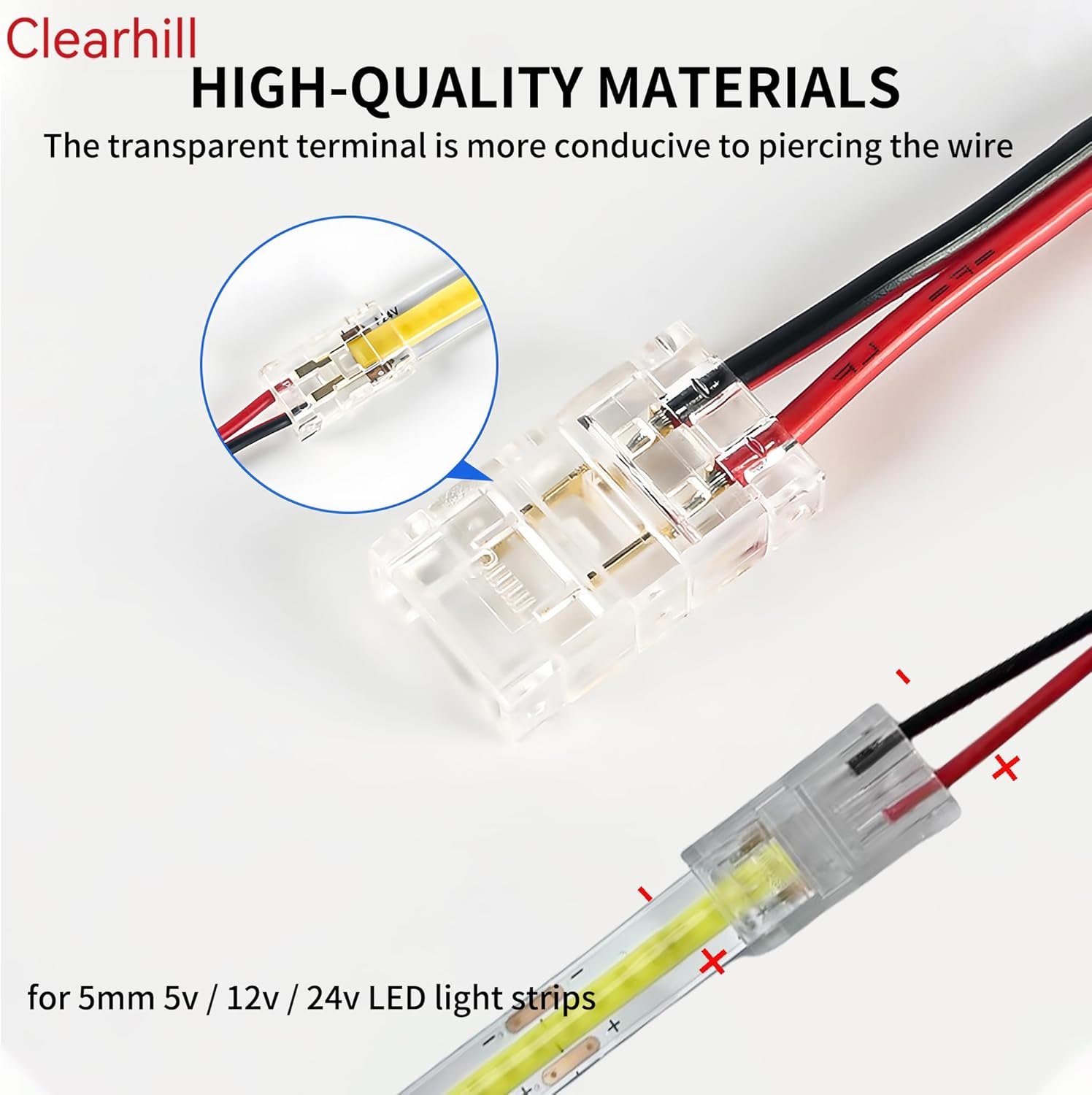 Clearhill 5Mm 2Pin 20Pcs Transparent Solderless LED Light Strip Connectors,Strip to Wire Connectors,For Single Color 5V/12V/24V LED Strips,No Soldering Required. image number 6