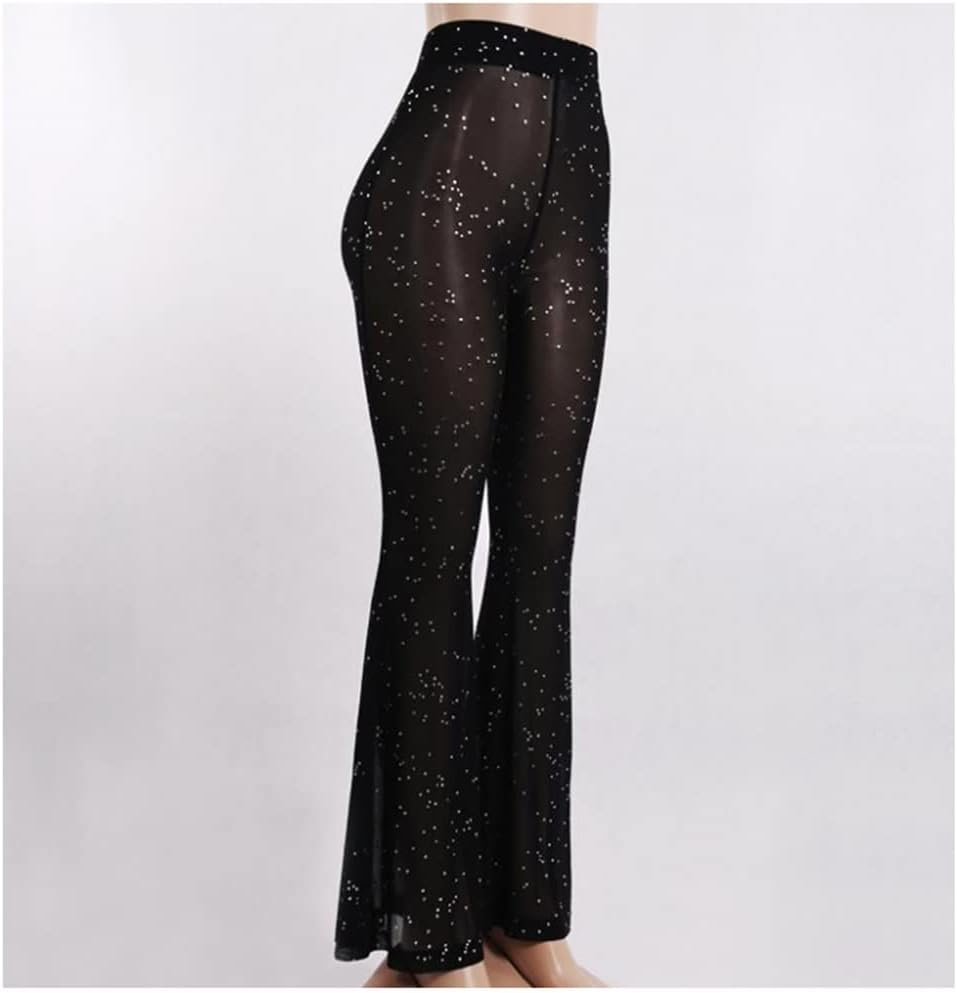 Women'S Rave Sheer Mesh Sparkly Pants Bell Bottom Rave Outfit Clothes for Festival Dance Clubwear image number 1