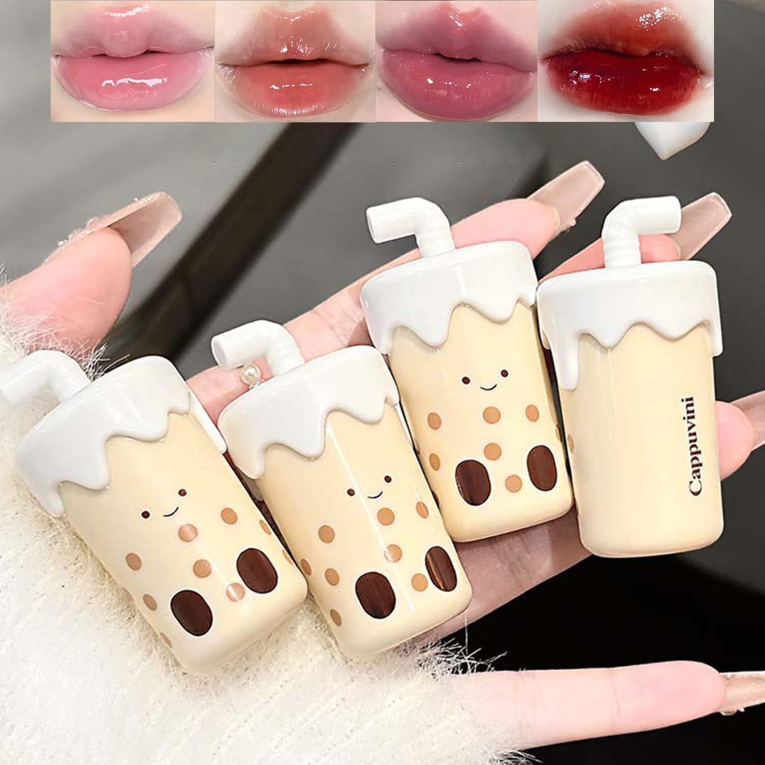 Baorder 4 Colors Hydrating Glossy Lip Gloss Set,Cute Milk Tea Liquid Lipstick Kit,Moisturizing Tinted Lip Balm,Plumping Lip Glaze,High Shine and Mirror