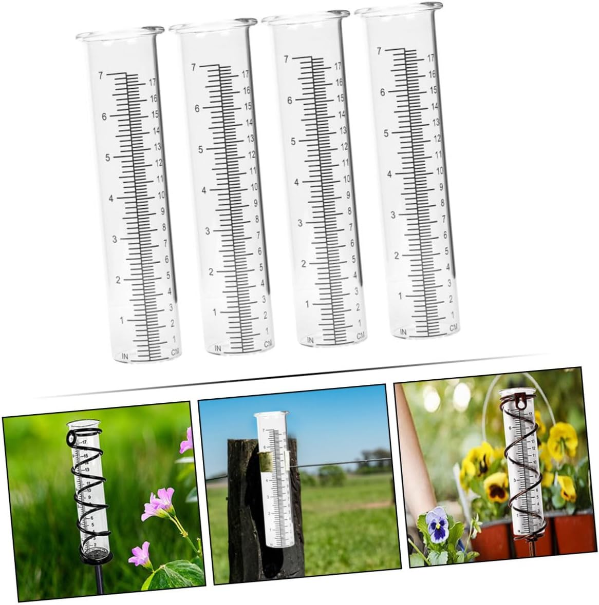 Ibasenice 4Pcs Transparent Rain Gauge Tubes with Design and Stand Clear Portable Rain Measure Tools for Garden Lawn Plant Moisture Monitoring image number 1