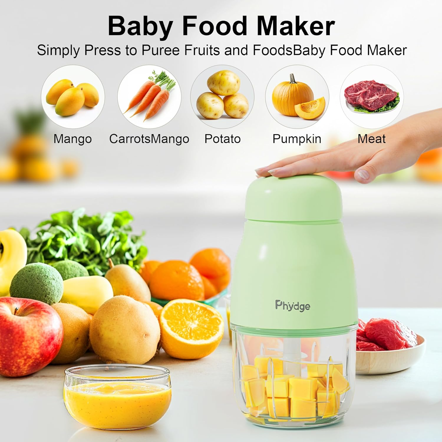 Phydge Baby Food Maker, Baby Food Processor, Green, Baby Food Blender, Fruit, Vegetable, Meat