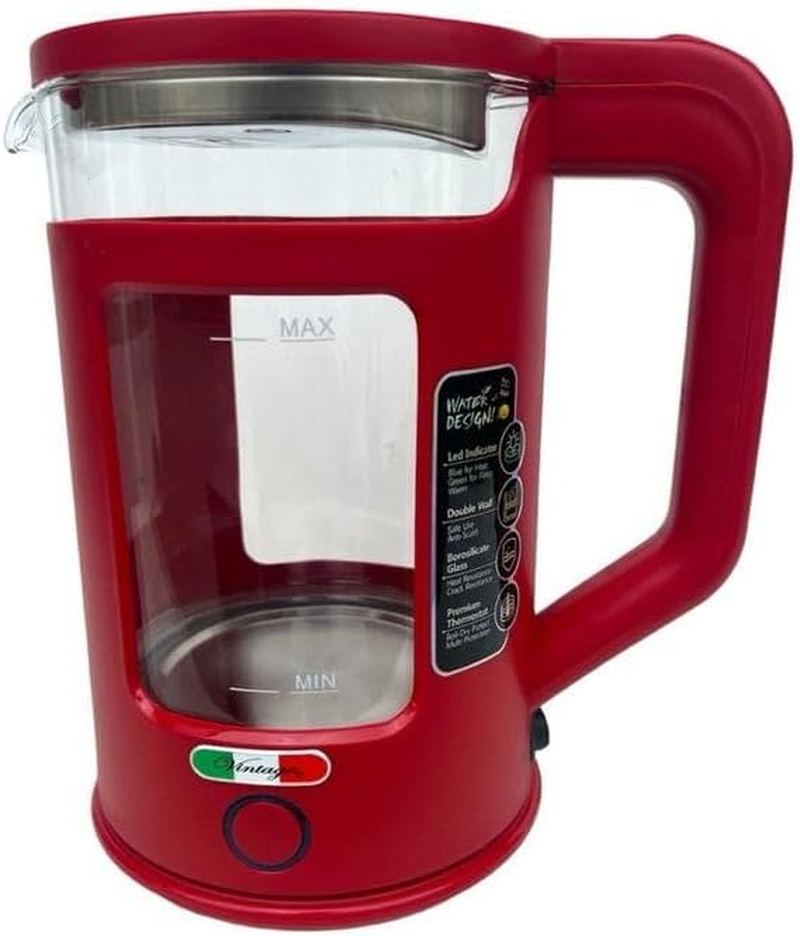 Vintage Electric 1.7L Glass Kettle Boil Dry Protection with Keep Warm Function - Red