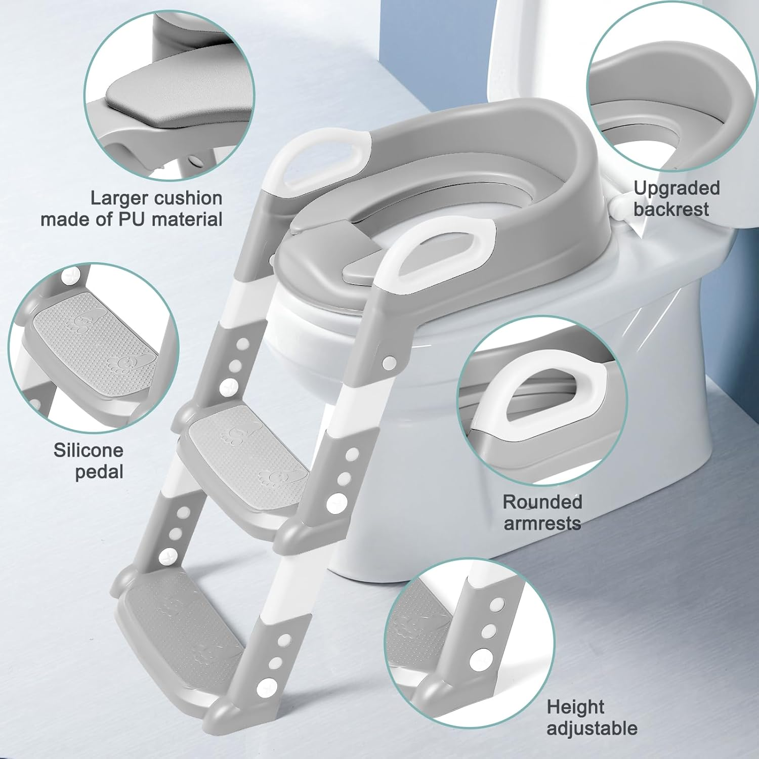 Potty Training Seat with Step Stool Toilet Seat for Kids Boys Girls, Comfortable Safe Potty Toilet Training Seat with Anti-Slip Ladder Soft Cushions (Gray) image number 6