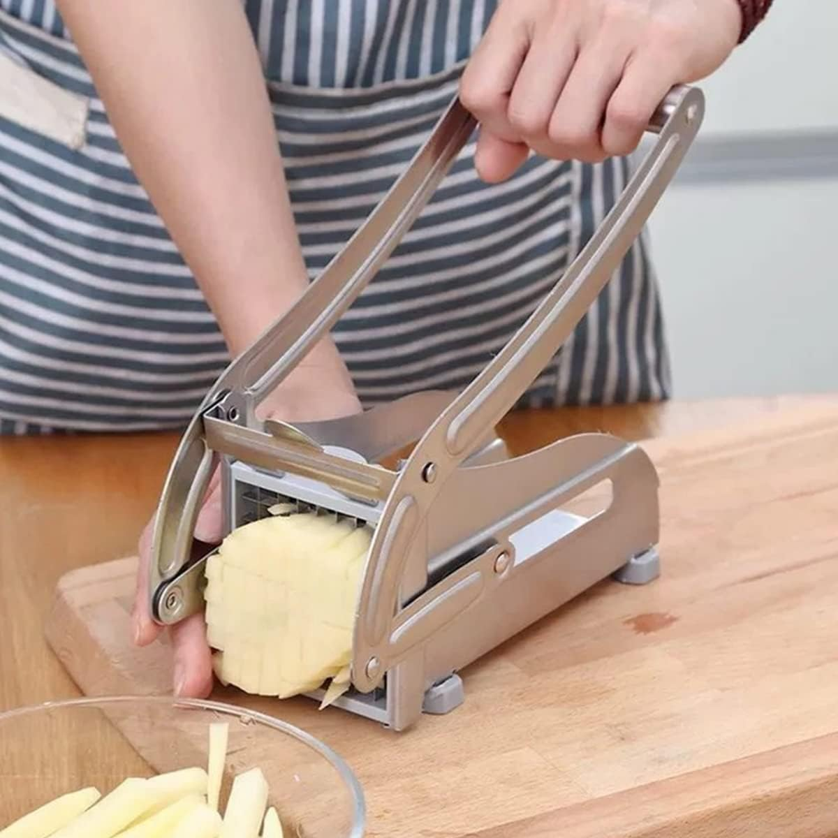French Fry Cutter, Potato Chipper with 2 Blades Stainless Steel Potato Chip Cutter Machine Chip Tool with Non- Slip Base for Home Kitchen Vegetables and Fruits image number 3