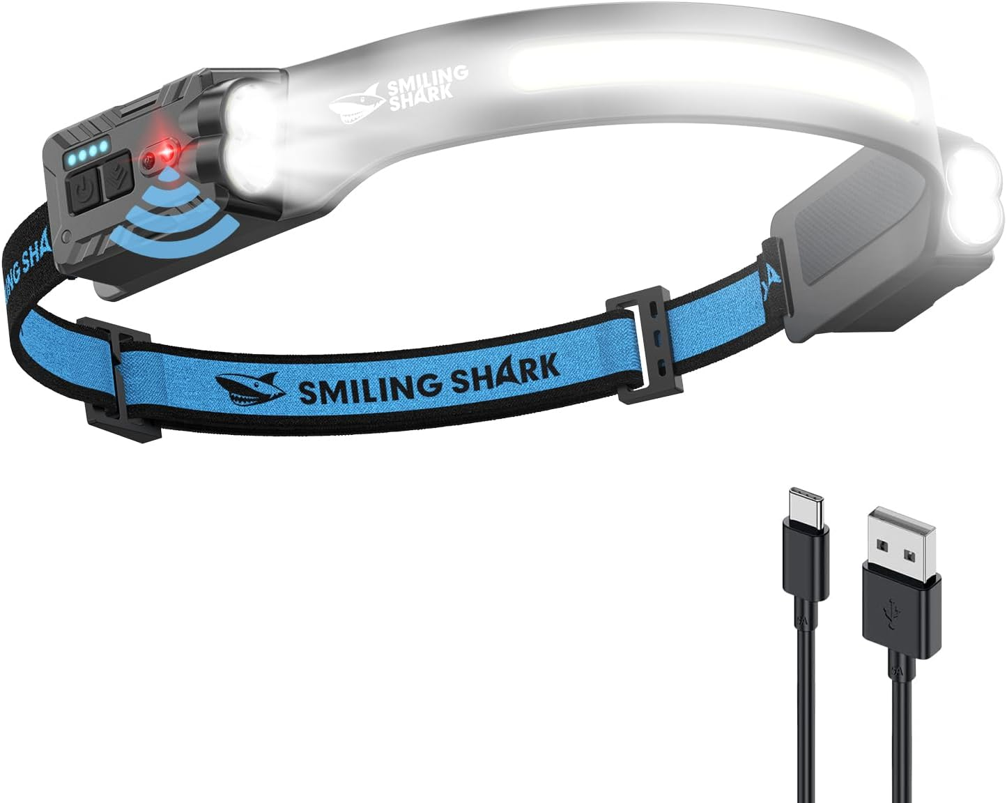 Smiling Shark Head Lamp, 2400 Mah Ultra-Bright Rechargeable Headlamp, Pack of 2 White Light & 2 X Headlights with Motion Sensor, Multi-Mode LED Headlamp with 315&deg; Rotation Function for Outdoor Camping image number 1