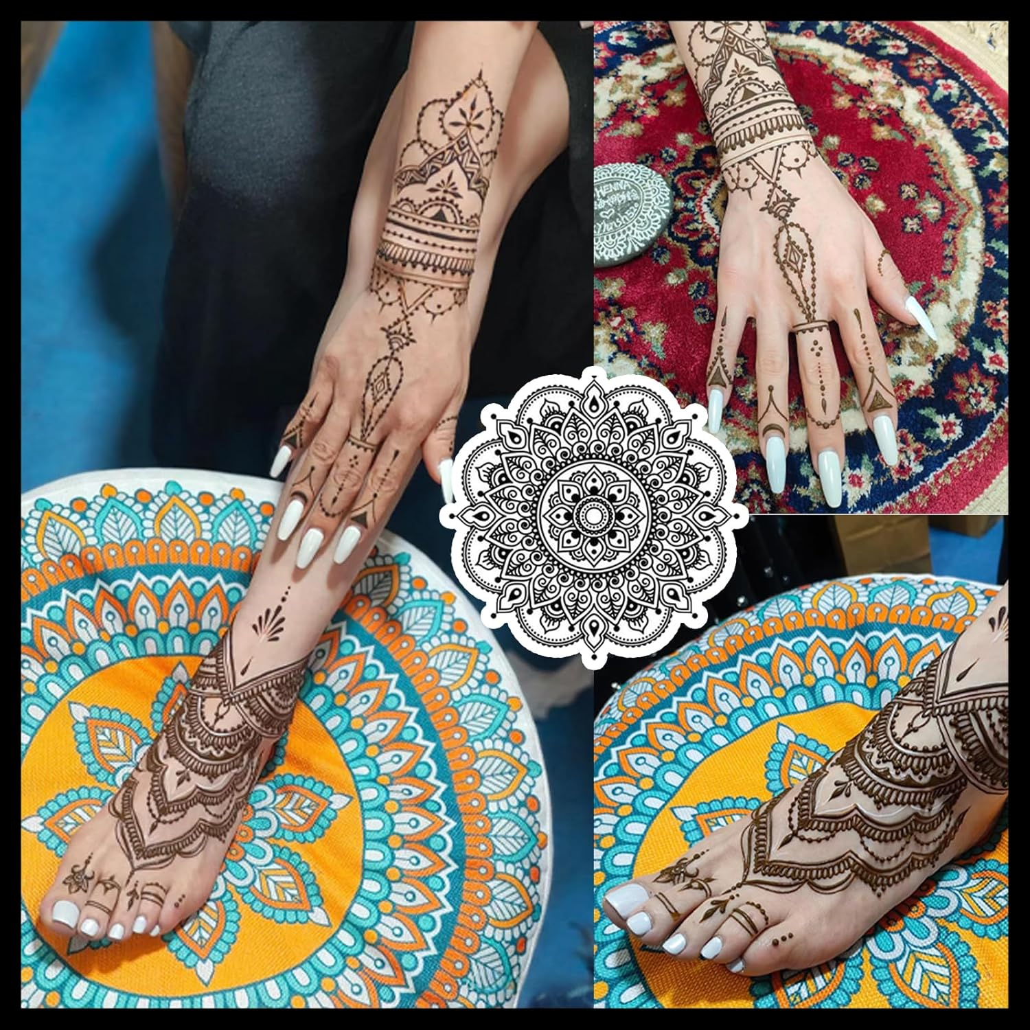 Tattoo Paste Cones, 4Pcs Semi Permanent Temporary Tattoos Kit, India Body DIY Art Painting for Women Men Teen, Summer Trend Freehand Paste with 3 Colors, 20 Adhesive Stencil, 1 Bottle, 4 Nozzles image number 3