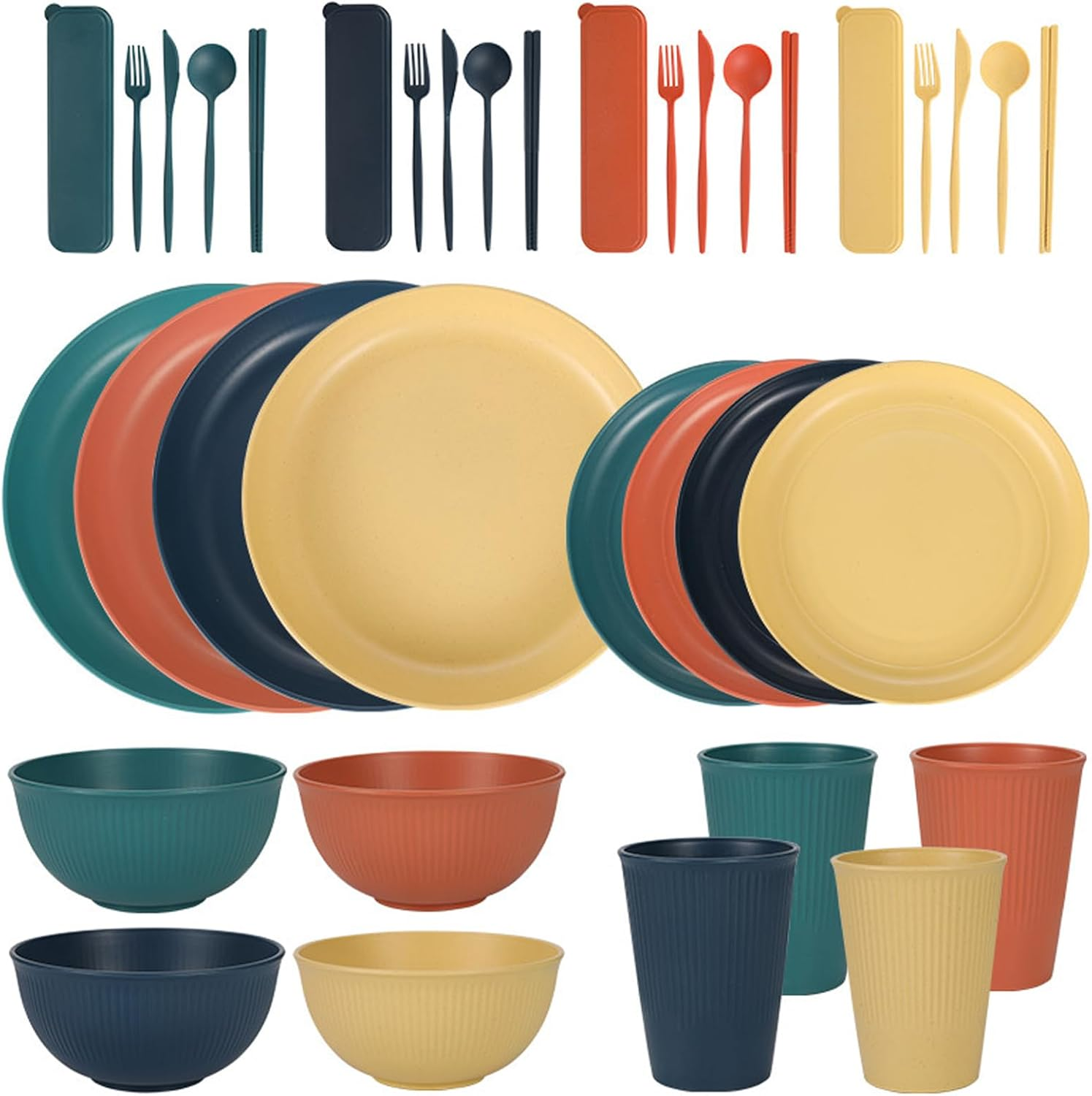 Hapurs 40Pcs Wheat Straw Dinnerware Sets for 4, Unbreakable Dinnerware Sets, Reusable Wheat Straw Plates and Bowls Sets,Travel Camping Cutlery Set, Dishwasher Microwave Safe Dinnerware