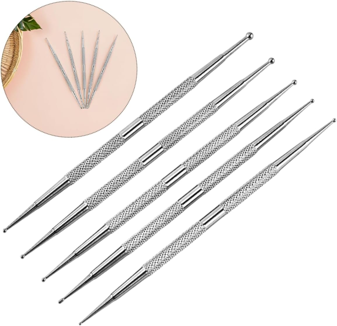 Healvian 5Pcs Nail Art Drill Pen Nail Design Dot Tool Silver Stainless Steel image number 3